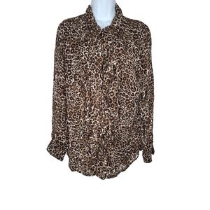 Avenue Leopard Ruffle Blouse 14/16 Sheer Animal Print Plus Size Top Mob Wife